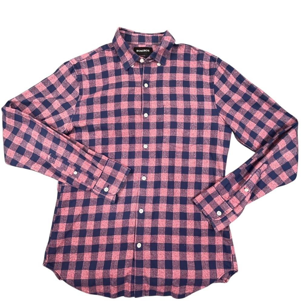 BONOBOS Tailored Fit Plaid Button Down Shirt Mens Medium Navy Pink Pocket Casual - Picture 3 of 8